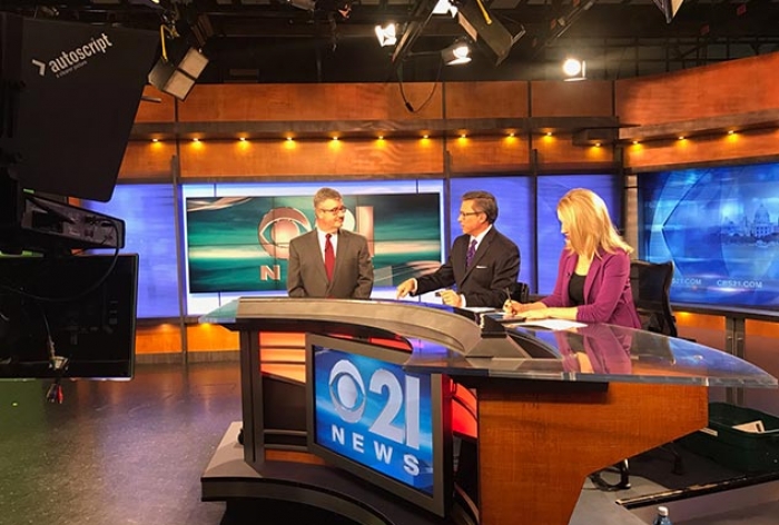 Scott Ehrig on set CBS 21 at 6